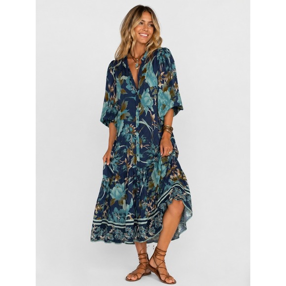 Johnny Was Dresses & Skirts - Johnny Was Yoka Dress Peonee Floral Blue Tiered Maxi Resort Vacation Boho L